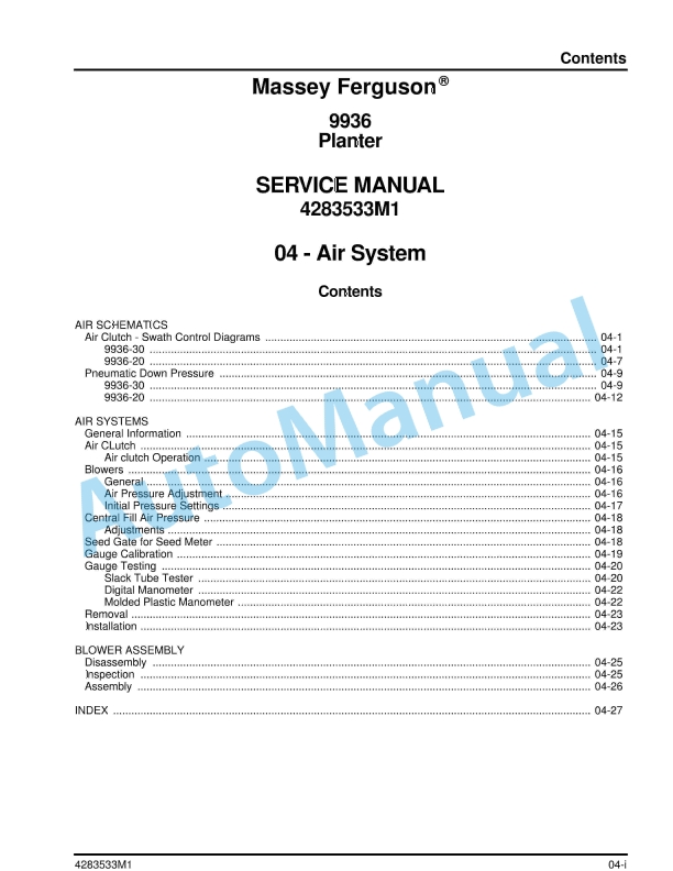 Massey Ferguson 9936 Planter Service Manual 4283533M1-2