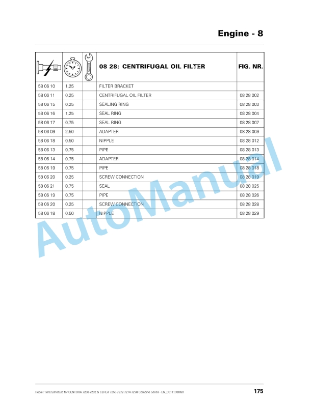 Massey Ferguson Centora 7280-7282, Cerea 7256-7272-7274-7278 Combine Series Repair Time Schedule D3111900M1-2