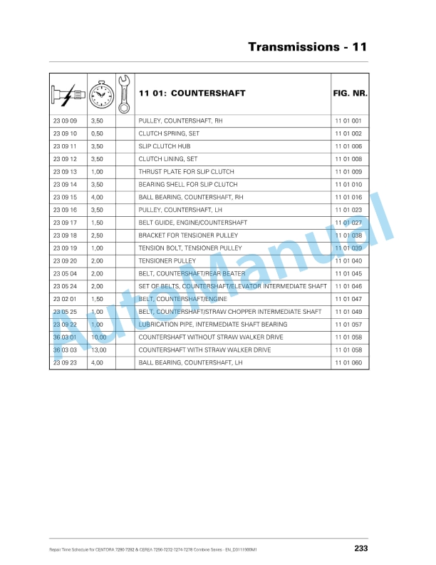 Massey Ferguson Centora 7280-7282, Cerea 7256-7272-7274-7278 Combine Series Repair Time Schedule D3111900M1-3