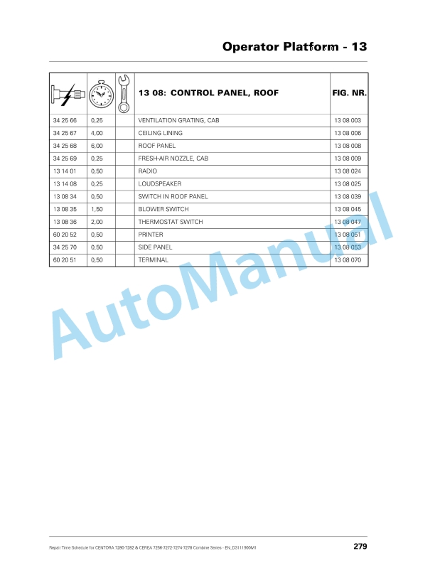 Massey Ferguson Centora 7280-7282, Cerea 7256-7272-7274-7278 Combine Series Repair Time Schedule D3111900M1-5