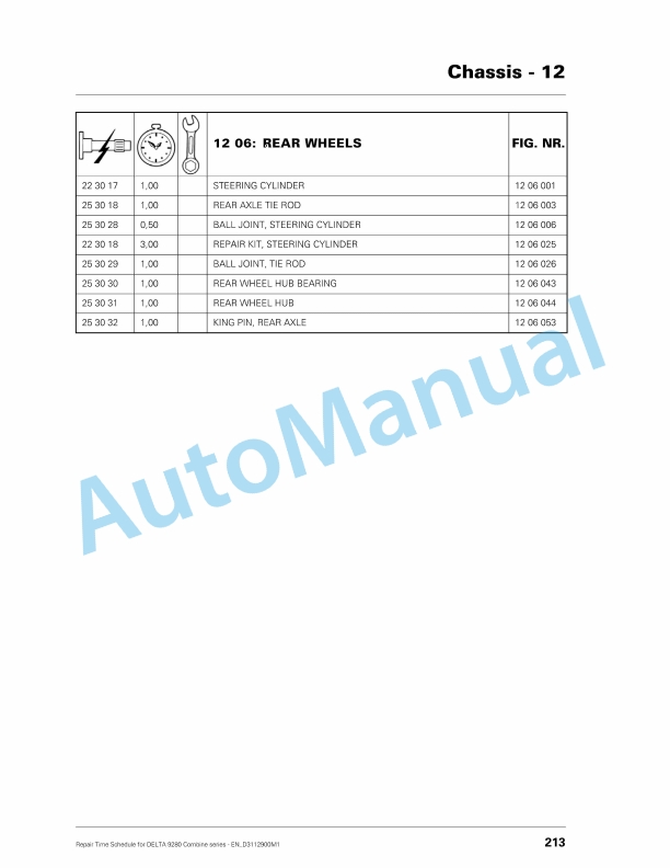 Massey Ferguson Delta 9280 Combine Series Repair Time Schedule D3112900M1-3