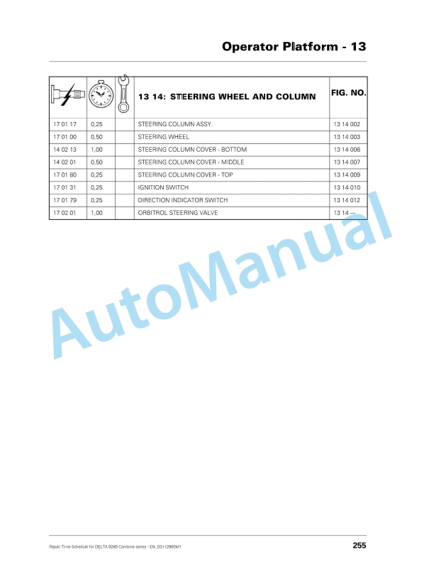 Massey Ferguson Delta 9280 Combine Series Repair Time Schedule D3112900M1-5