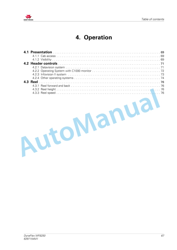 Massey Ferguson DynaFlex MF8250 Header Operators Manual 6297154M1-3