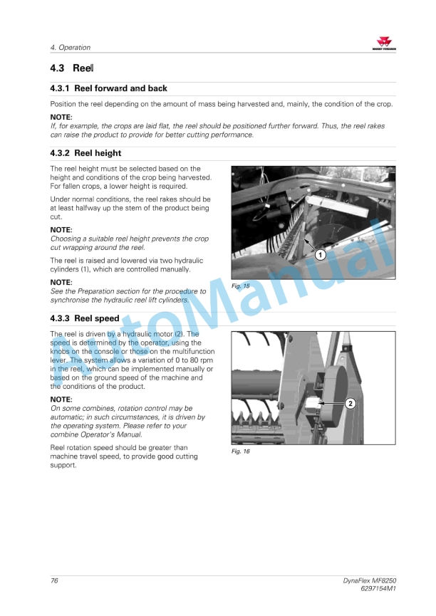 Massey Ferguson DynaFlex MF8250 Header Operators Manual 6297154M1-4