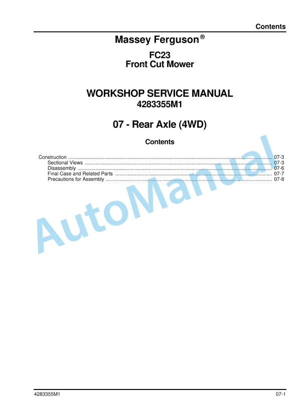 Massey Ferguson FC23 Front Cut Mower Workshop Service Manual 4283355M1-3
