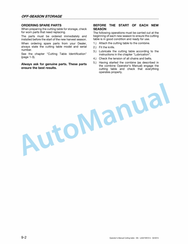 Massey Ferguson FF480, FF540, FF600, FF700, FF760 Cutting Table Original Operators Manual LA327281014-5