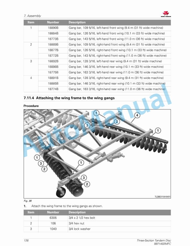 Massey Ferguson MF 1000 Series Three-Section Tandem Disc Operators Manual 9971402MFC-4