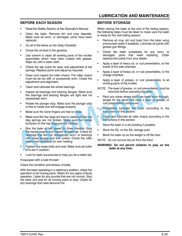 Massey Ferguson MF 1800 Series Small Square Baler Operators Manual 700741544D-5