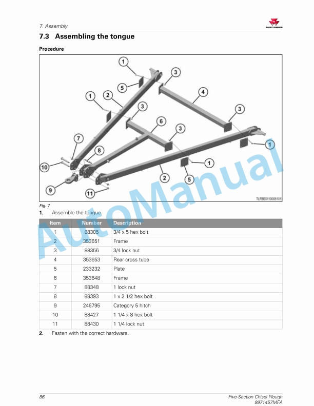 Massey Ferguson MF 2000 Series Chisel Plough Operators Manual 9971457MFA-2