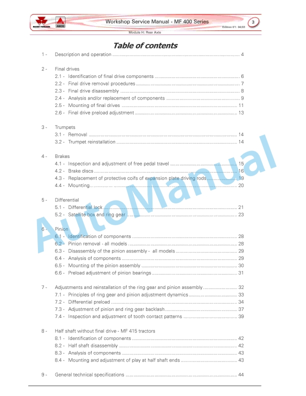 Massey Ferguson MF 400 Series Tractors Module A Workshop Service Manual 3 Massey Ferguson MF 400 Series Tractors Module A Workshop Service Manual - Image 3