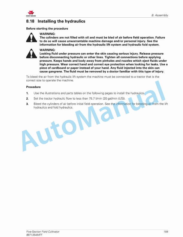 Massey Ferguson MF 5000 Five-Section Field Cultivator Operators Manual 9971354MFF-5