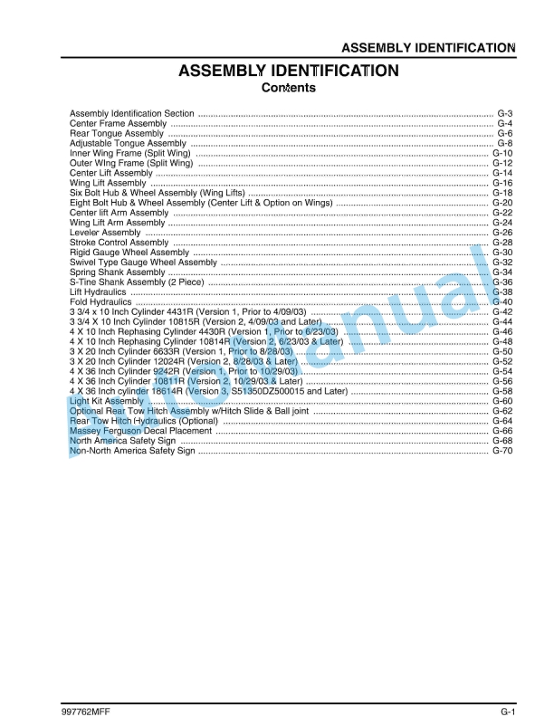 Massey Ferguson MF 5000 Series Split-Wing Field Cultivator Operators Manual 997762MFF-2