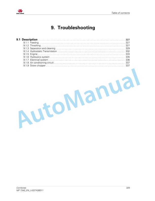 Massey Ferguson MF 7340 Combines Operators Manual LA327436011-5