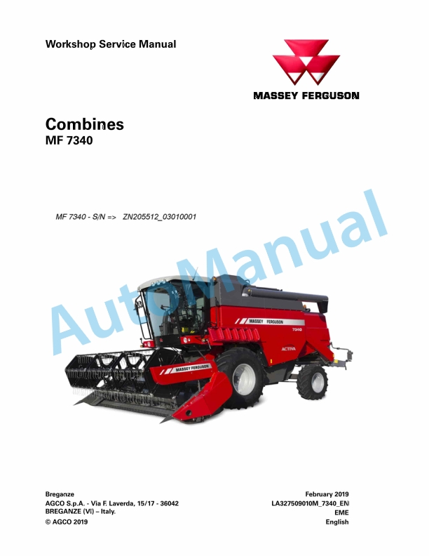 Massey Ferguson MF 7340 Combines Workshop Service Manual LA327509010M 1 Massey Ferguson MF 7340 Combines Workshop Service Manual LA327509010M