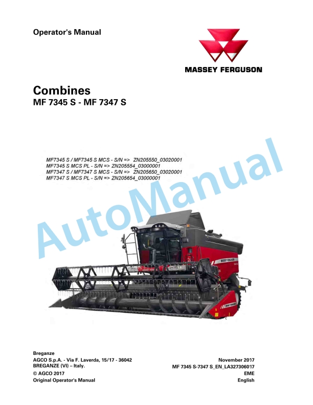 Massey Ferguson MF 7345 S - MF 7347 S Combines Operators Manual LA327306017 1 Massey Ferguson MF 7345 S - MF 7347 S Combines Operators Manual LA327306017