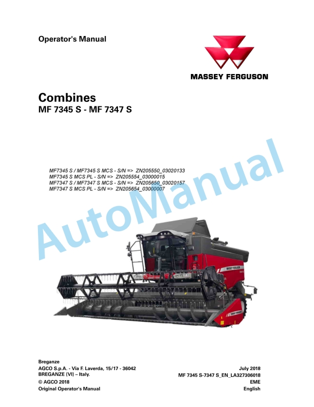 Massey Ferguson MF 7345 S - MF 7347 S Combines Operators Manual LA327306018 1 Massey Ferguson MF 7345 S - MF 7347 S Combines Operators Manual LA327306018
