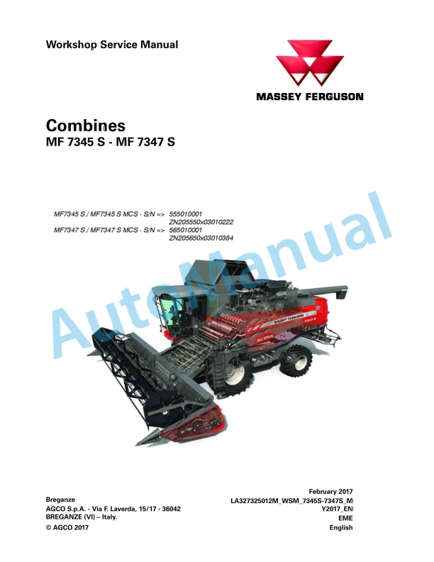 Massey Ferguson MF 7354 S - MF 7347 S Combines Workshop Service Manual LA327325012M 1 Massey Ferguson MF 7354 S - MF 7347 S Combines Workshop Service Manual LA327325012M