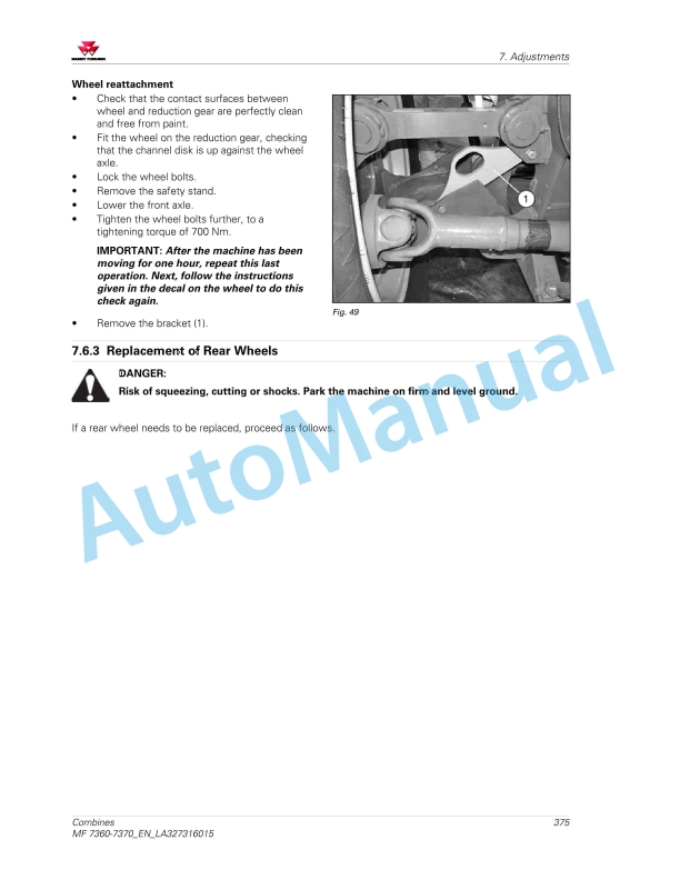 Massey Ferguson MF 7360 - MF 7370 Combines Operators Manual LA327316015-3