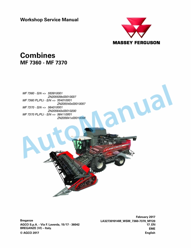 Massey Ferguson MF 7360 - MF 7370 Combines Workshop Service Manual LA327301014M 1 Massey Ferguson MF 7360 - MF 7370 Combines Workshop Service Manual LA327301014M