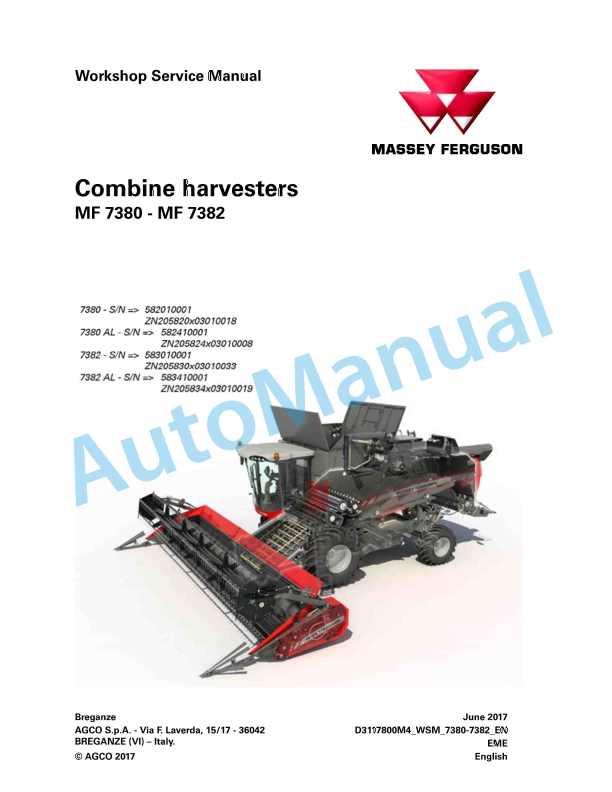 Massey Ferguson MF 7380 - MF 7382 Combine Harvesters Workshop Service Manual D3117800M4 1 Massey Ferguson MF 7380 - MF 7382 Combine Harvesters Workshop Service Manual D3117800M4