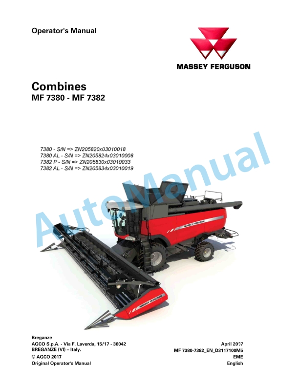 Massey Ferguson MF 7380 - MF 7382 Combines Operators Manual D3117100M5 1 Massey Ferguson MF 7380 - MF 7382 Combines Operators Manual D3117100M5