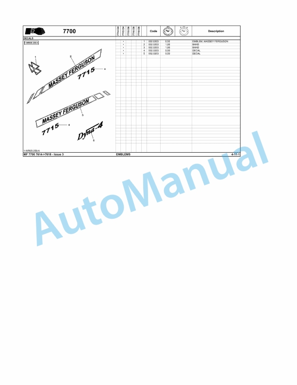 Massey Ferguson MF 7700 Repair Time Schedule ACT001672-5