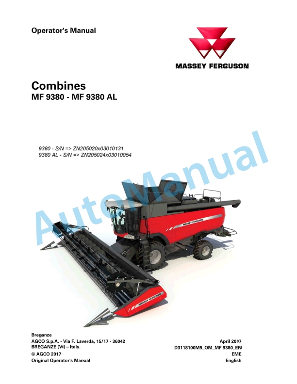 Massey Ferguson MF 9380 - MF 9380 AL Combines Operators Manual D3118100M5 1 Massey Ferguson MF 9380 - MF 9380 AL Combines Operators Manual D3118100M5