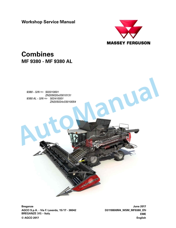 Massey Ferguson MF 9380 - MF 9380 AL Combines Workshop Service Manual D3118800M4 1 Massey Ferguson MF 9380 - MF 9380 AL Combines Workshop Service Manual D3118800M4