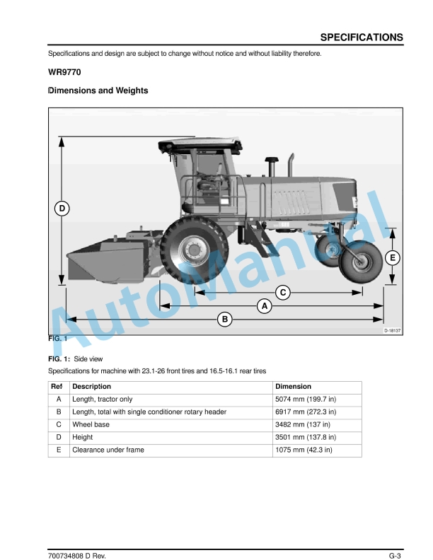 Massey Ferguson MF WR9700 Series Windrower Tractor Operators Manual 700734808-5