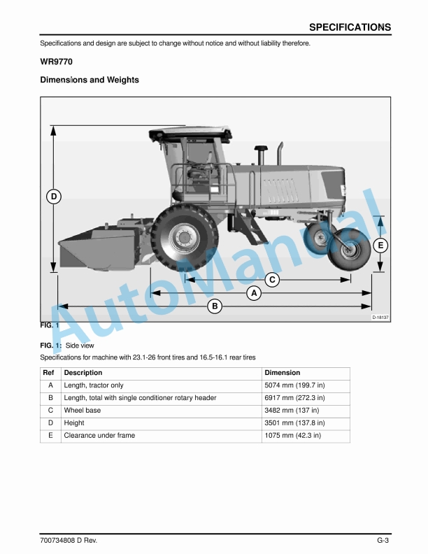 Massey Ferguson MF WR9700 Series Windrower Tractor Operators Manual 700734808D-5