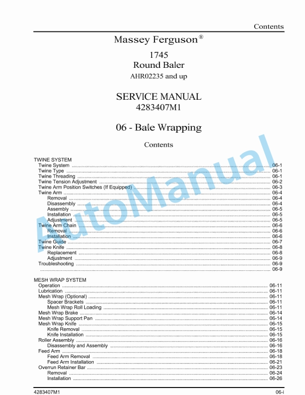 Massey Ferguson MF1745 Round Baler Service Manual 4283407M1-4
