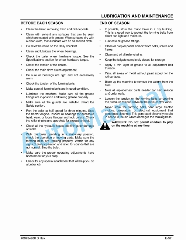 Massey Ferguson MF2800 Series Round Baler Operator Manual 700734980D-5