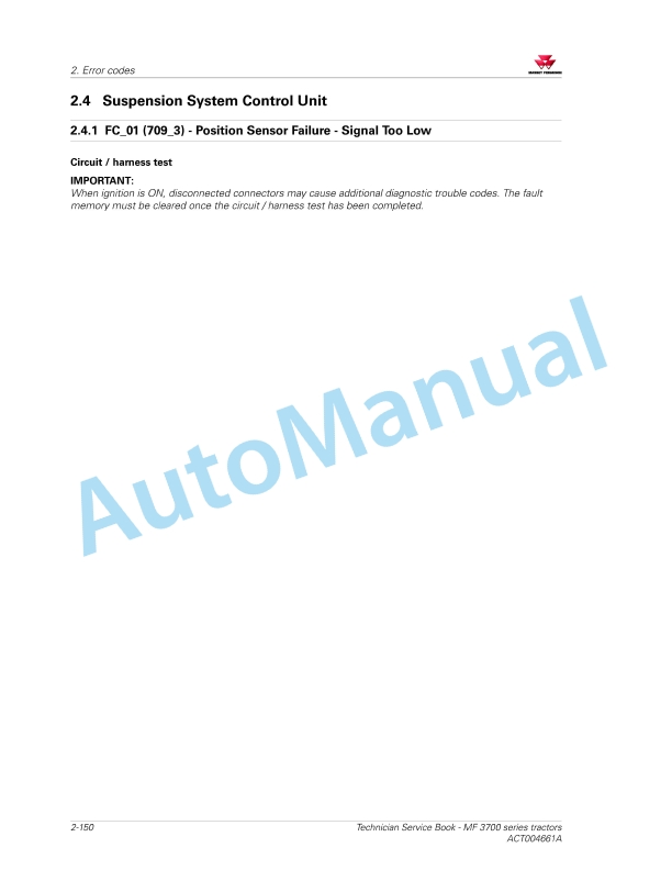 Massey Ferguson MF3700 VSFGEW Series Tractors Technician Service Book ACT004661A-2