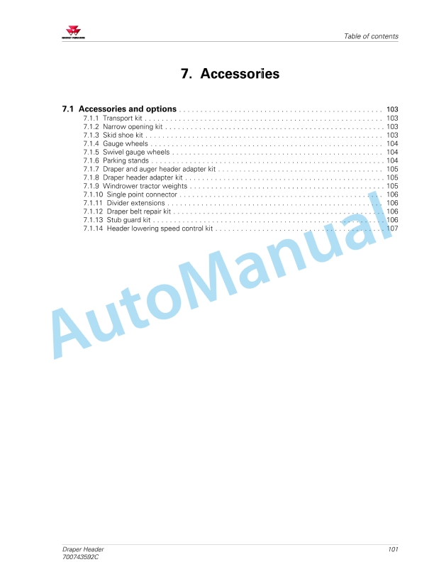 Massey Ferguson MF5300 Draper Header Operators Manual 700743592C-5