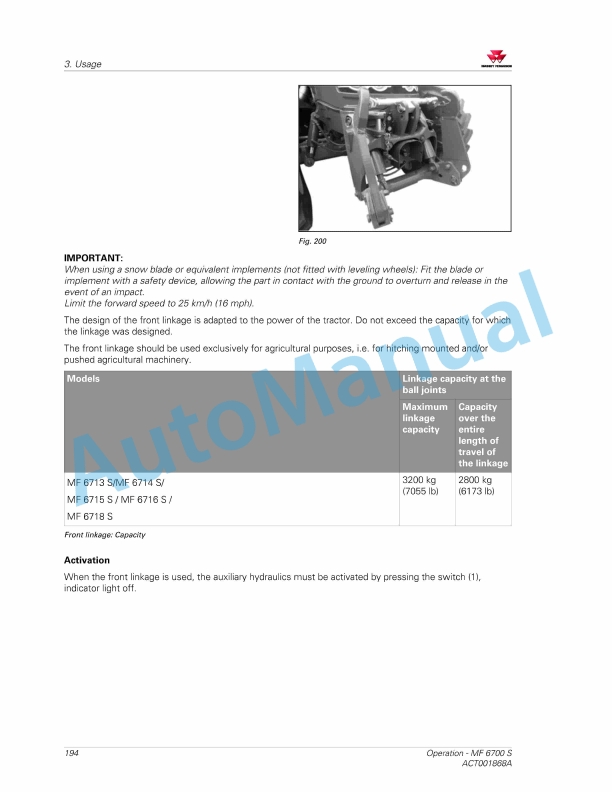 Massey Ferguson MF6700 S Deluxe And Premium Version Operators Manual ACT001868A-3