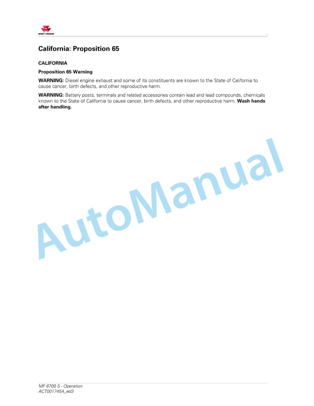Massey Ferguson MF6700 S Series Tractors Operators Manual ACT001808A-2