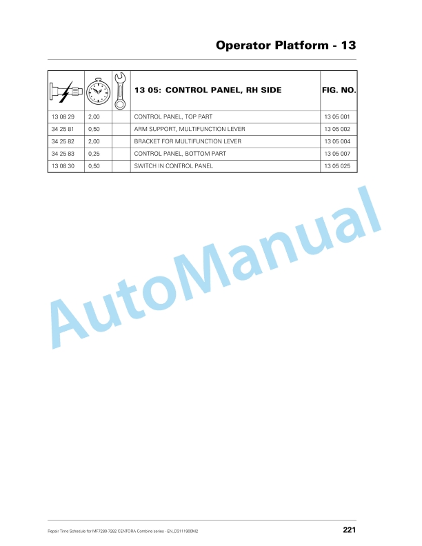 Massey Ferguson MF7280-7282 Centora Combine Series Repair Time Schedule D3111900M2-4