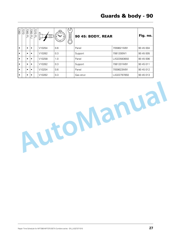Massey Ferguson MF7360-MF7370 Beta Combine Series Repair Time Schedule LA327371010-3
