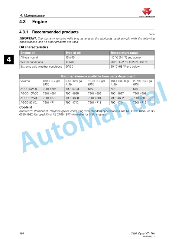 Massey Ferguson MF7400 Series Tractors Operator Instruction Book 4373008M1-3