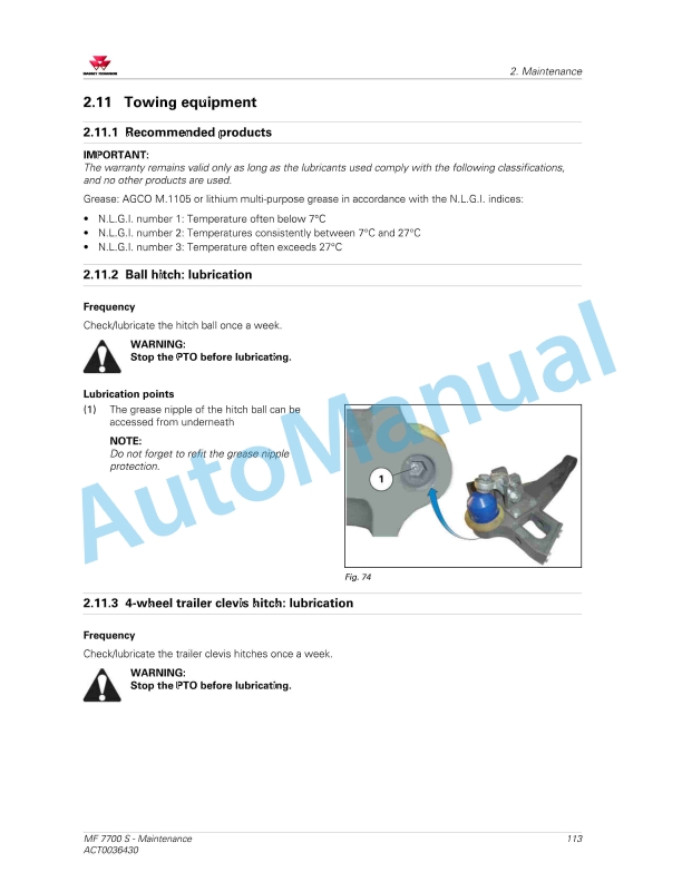 Massey Ferguson MF7700 S Series Tractors Operators Manual ACT0036430-2