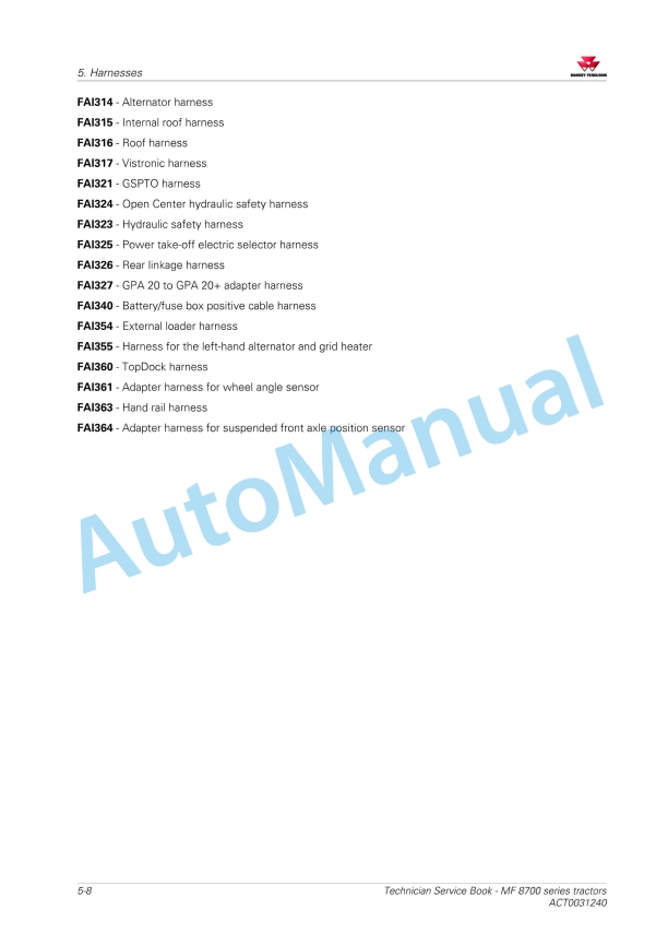 Massey Ferguson MF8700 Series Tractors Workshop Service Manual ACT0031240-2