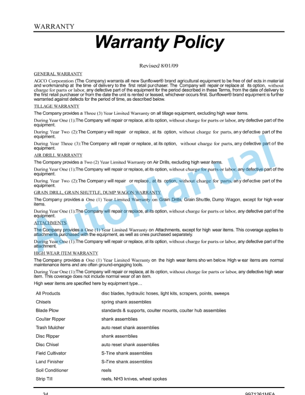 Massey Ferguson MF9000 280 And 335 Bushel Air System Operator Manual 9971261MEA-2