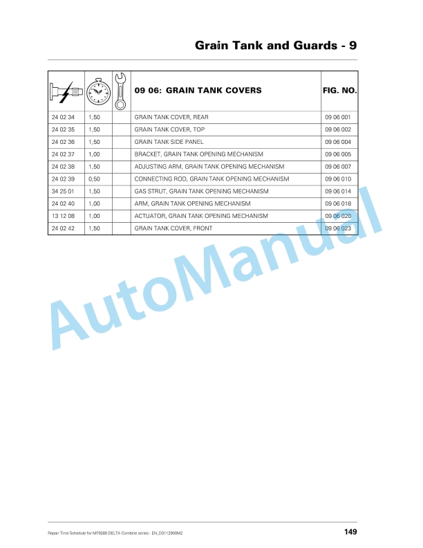 Massey Ferguson MF9280 Delta Combine Series Repair Time Schedule D3112900M2-2