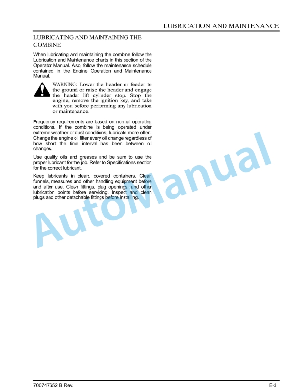 Massey Ferguson MF9500 Series Combine Operators Manual 700747652-3