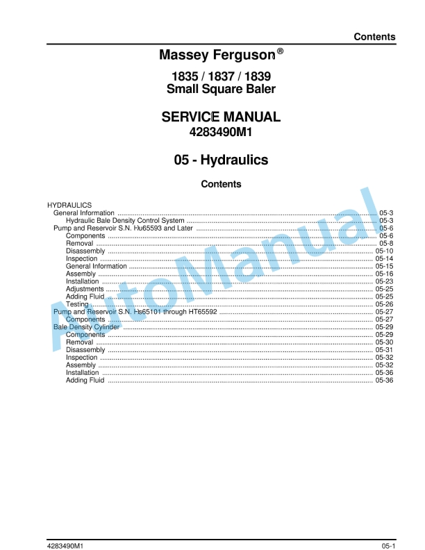 Massey Ferguson MFBaler Small Square Baler Service Manual 4283490M1-3