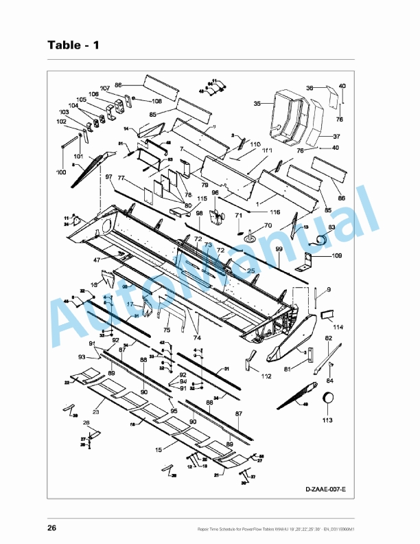 Massey Ferguson PowerFlow Table WWHU 18in, 20in, 22in, 25in, 30in Repair Time Schedule D3115900M1-2